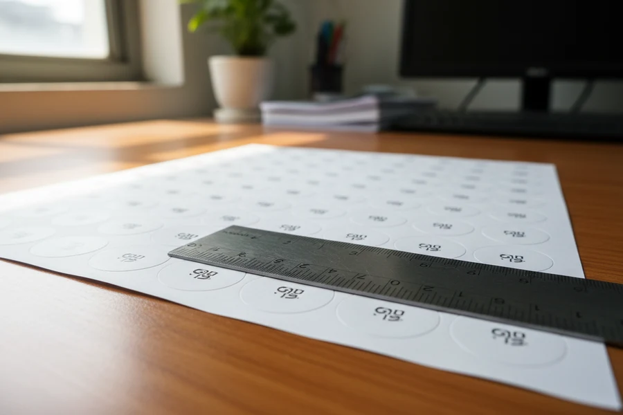 Thước kẻ đặt trên tờ decal A4 tem tròn để đo đường kính tem và khoảng cách tới mép giấy