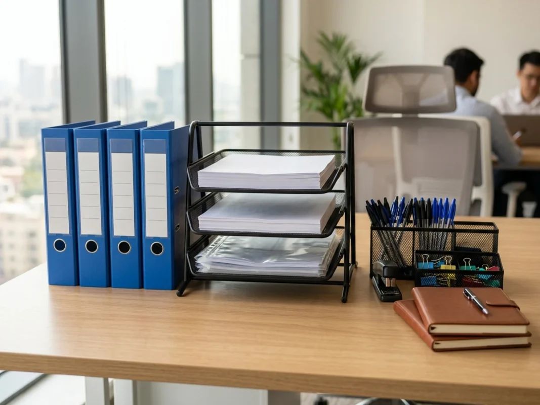 Bàn làm việc văn phòng với các nhóm đồ dùng văn phòng phẩm cần thiết: giấy in, bìa còng hồ sơ, khay tài liệu và bút viết