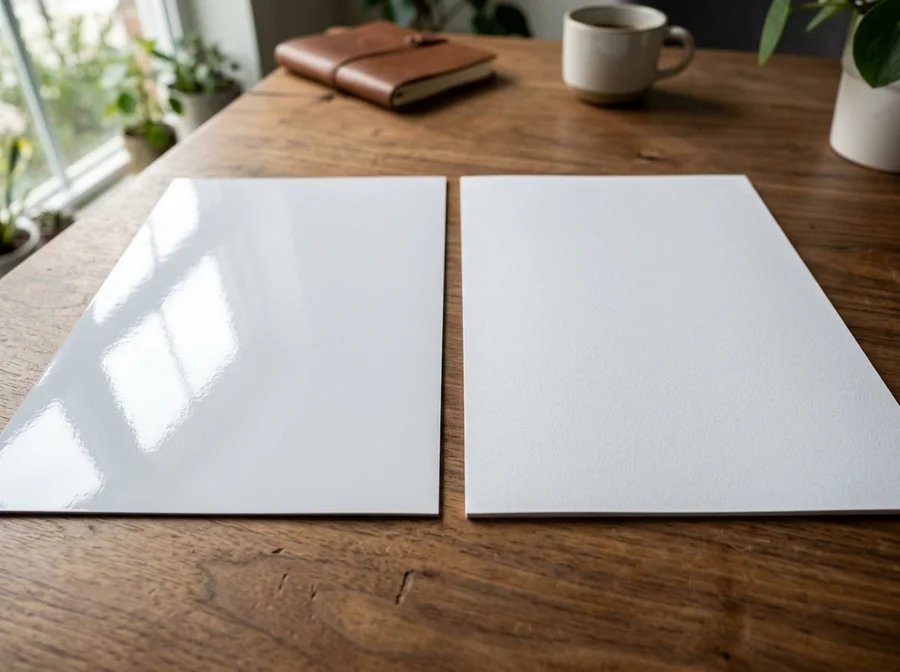 So sánh cận cảnh bề mặt giấy in ảnh bóng láng phản xạ ánh sáng và giấy in ảnh nhám mờ tán xạ ánh sáng