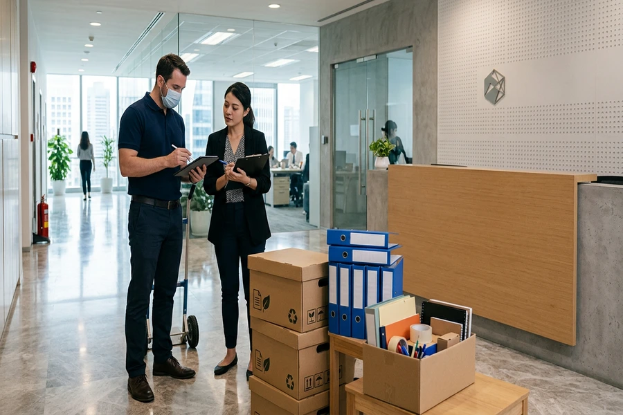 Nhân viên giao nhận kiểm đếm các thùng giấy in và bìa hồ sơ văn phòng phẩm giao tận cửa công ty