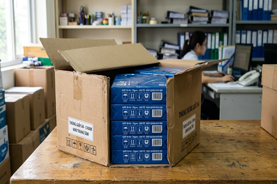 Thùng carton mở nắp chứa năm ram giấy in A4 bọc màng chống ẩm chuyên dụng kèm biểu tượng bảo quản kho bãi