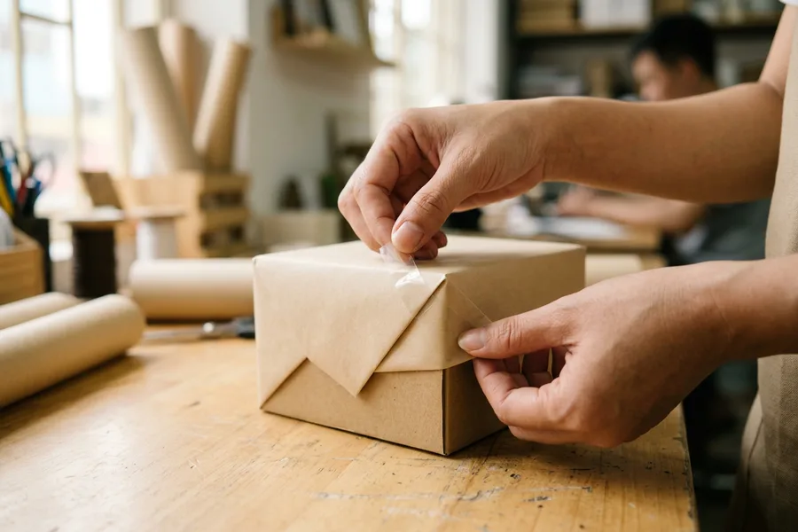 Thao tác sử dụng băng keo nhỏ văn phòng dán góc nếp gấp giấy gói quà phẳng phiu