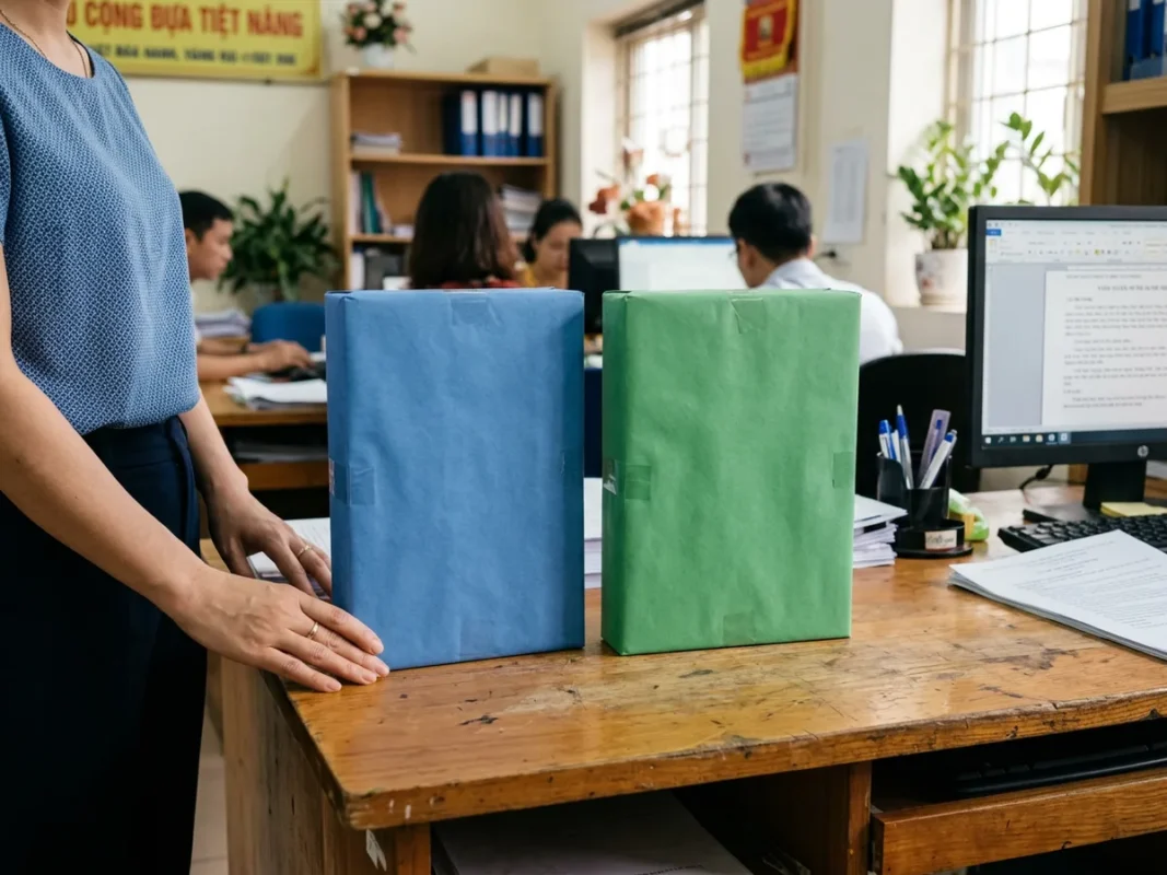 Hai ram giấy in A4 bọc bao bì xanh dương và xanh lá đặt cạnh nhau trên mặt bàn văn phòng