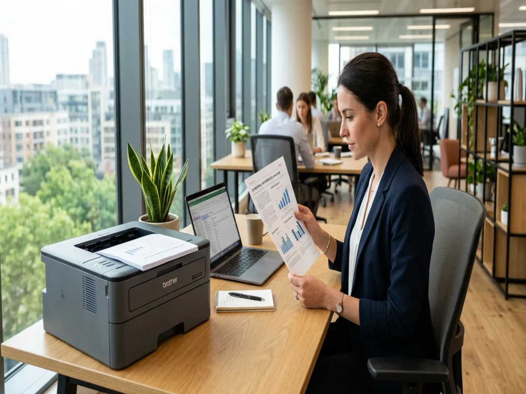 Nhân viên văn phòng đang xem xét tài liệu in hai mặt cạnh máy in để bàn và xấp giấy in A4