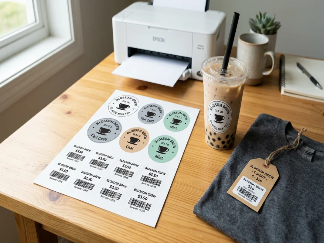 Tờ giấy decal A4 in tem nhãn logo ly trà sữa và tem mã vạch thẻ bài quần áo đặt trên bàn làm việc cạnh máy in