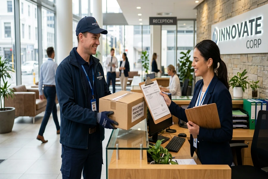 Bàn giao thùng hàng văn phòng phẩm và kiểm đếm biên bản tại sảnh văn phòng