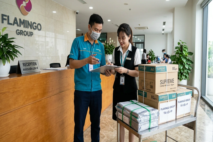 Nhân viên giao nhận kiểm tra biên bản giao các thùng giấy in và văn phòng phẩm nguyên đai nguyên kiện tại văn phòng