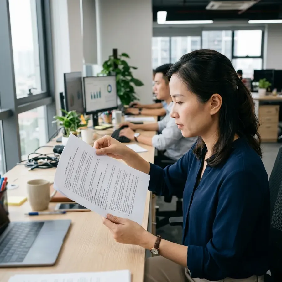Cận cảnh một người nhân viên văn phòng đang cầm trên tay một tờ giấy A4 in văn bản ở cả hai mặt để kiểm tra độ lem mực và độ thấu chữ