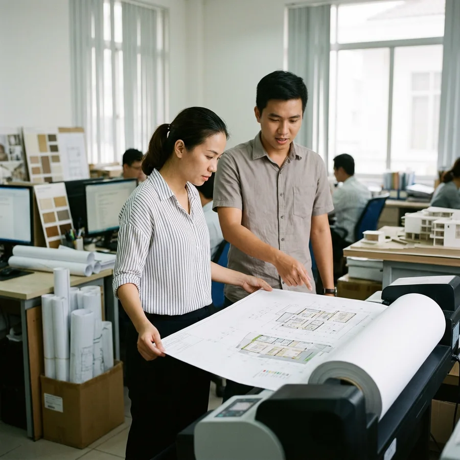 Giấy cuộn A0 lắp trên máy in plotter phun màu in bản vẽ kỹ thuật kiến trúc