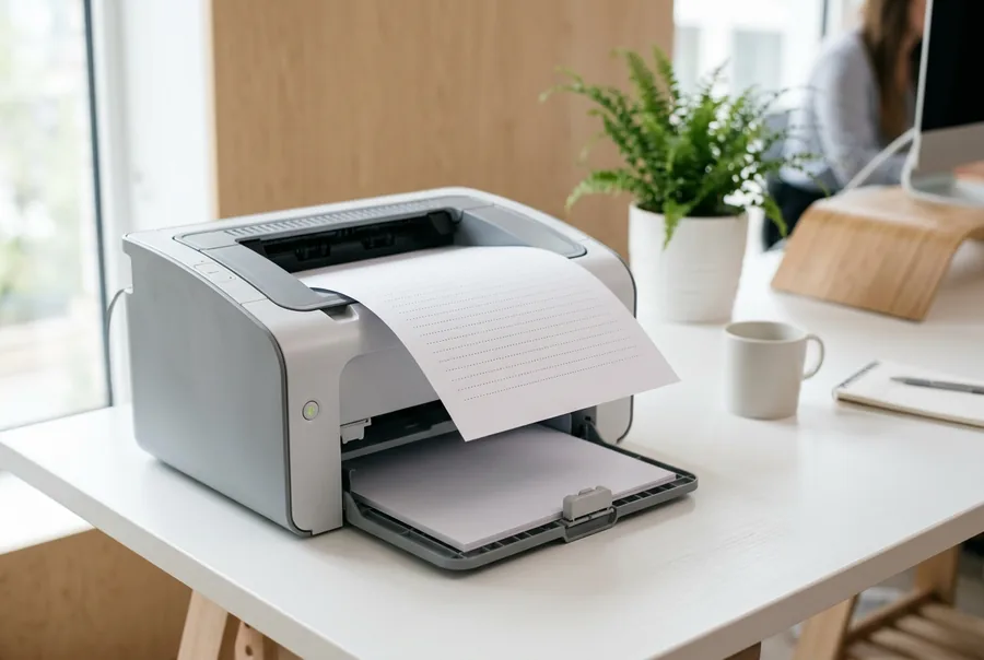 Tờ giấy A4 in dòng kẻ chấm vừa ra khỏi khay hứng của máy in laser để bàn