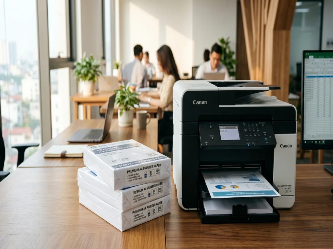 Các ram giấy in A4 bọc màng chống ẩm đặt phẳng phiu cạnh máy in laser văn phòng đang xuất bản in