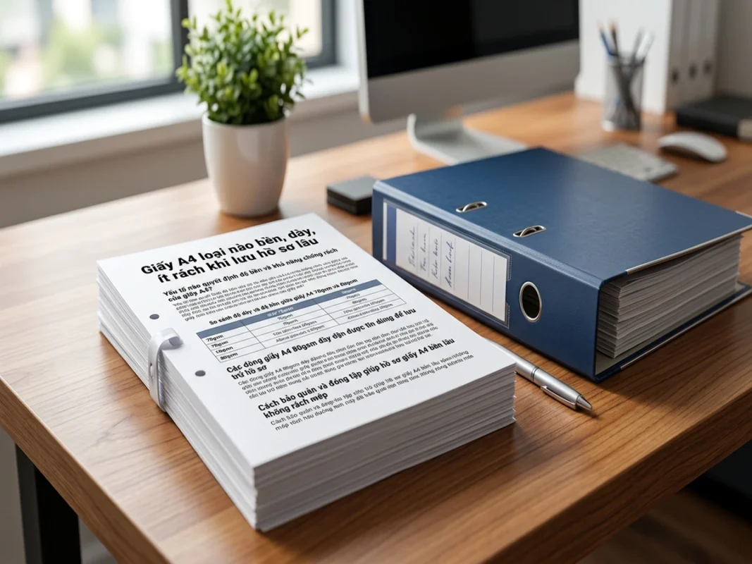 Tập hồ sơ giấy A4 80gsm dày dặn đặt cạnh các cặp bìa còng lưu trữ tài liệu văn phòng
