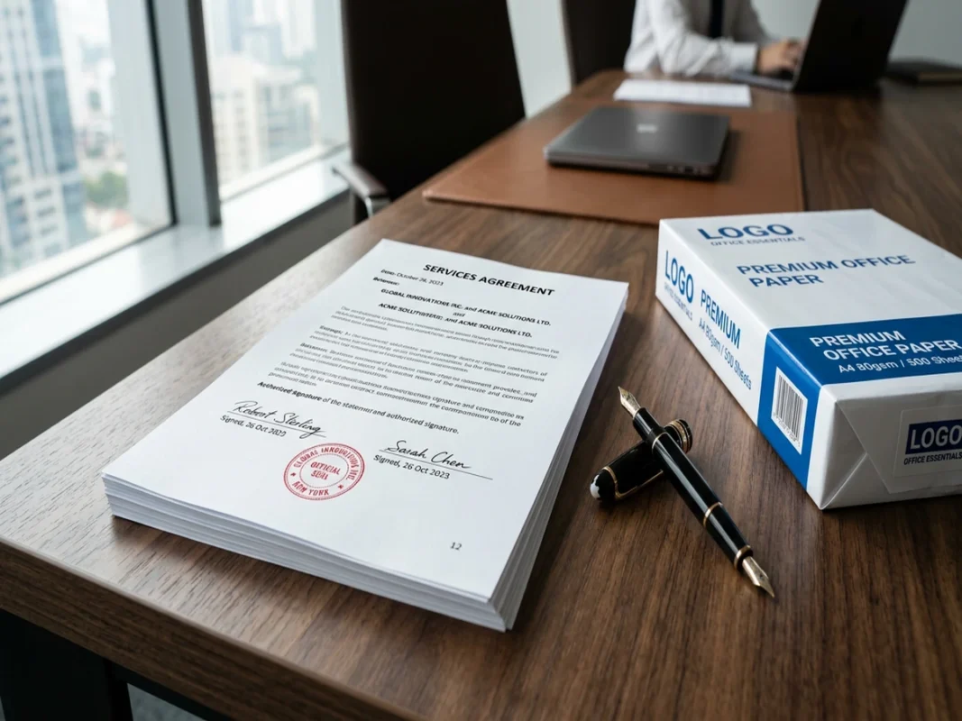 Tập hồ sơ hợp đồng in trên giấy A4 dày dặn màu trắng sáng đặt cạnh bút ký kim loại trên bàn làm việc