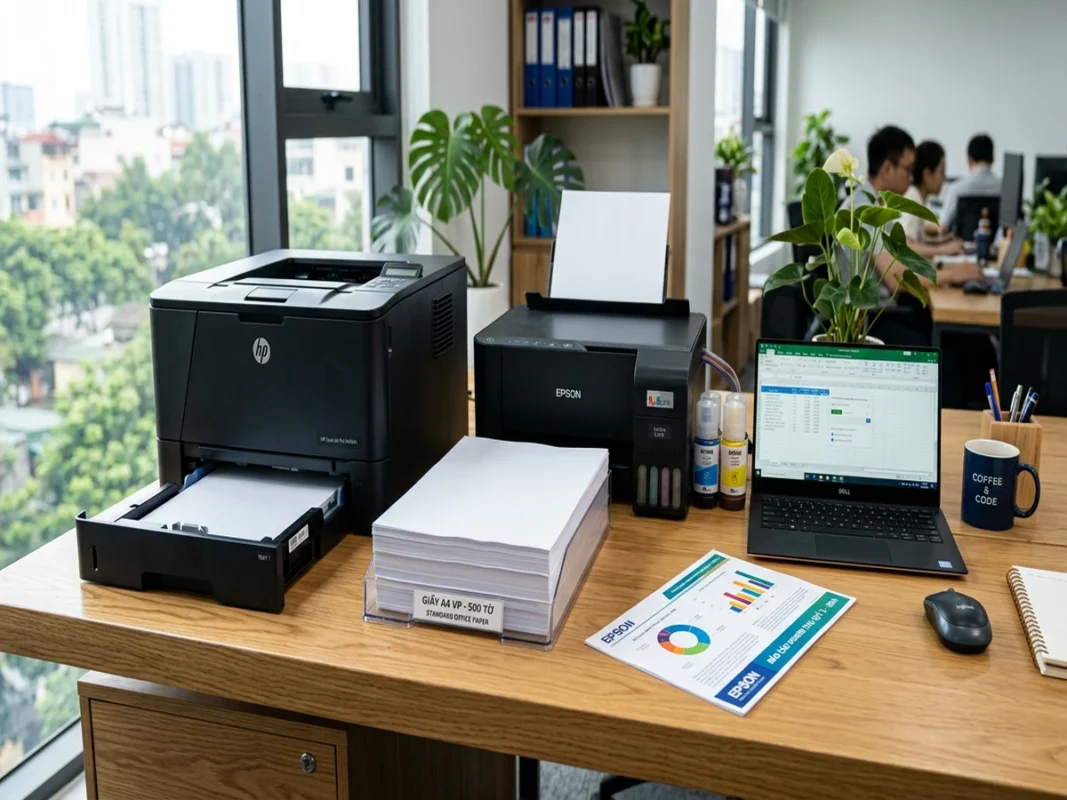 Xấp giấy in A4 đặt cạnh máy in laser và máy in phun màu trên bàn làm việc văn phòng