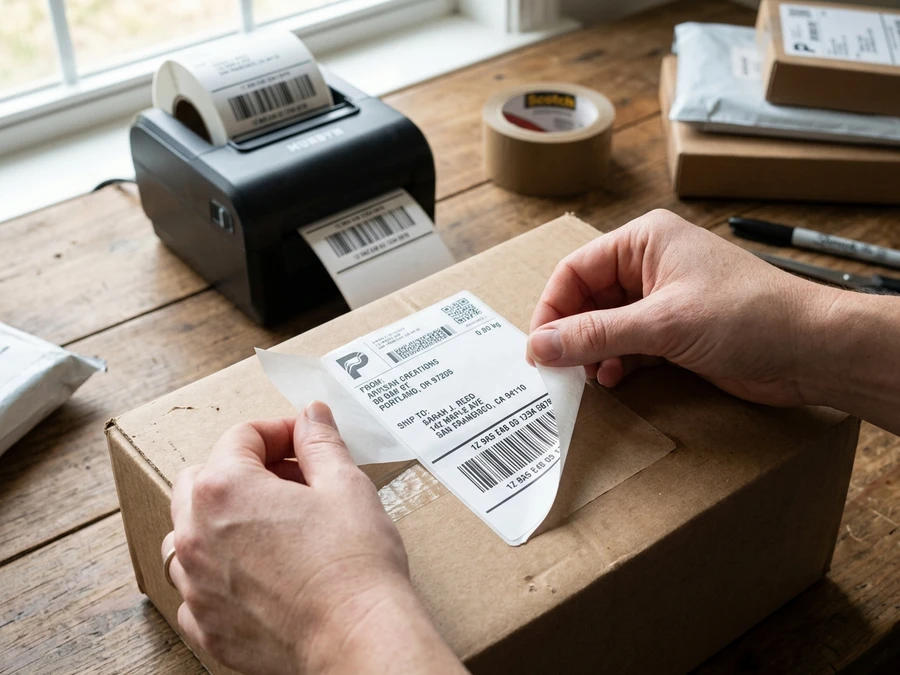 Thao tác bóc nhãn decal nhiệt tự dính khổ A6 dán trực tiếp lên hộp carton đóng gói đơn hàng