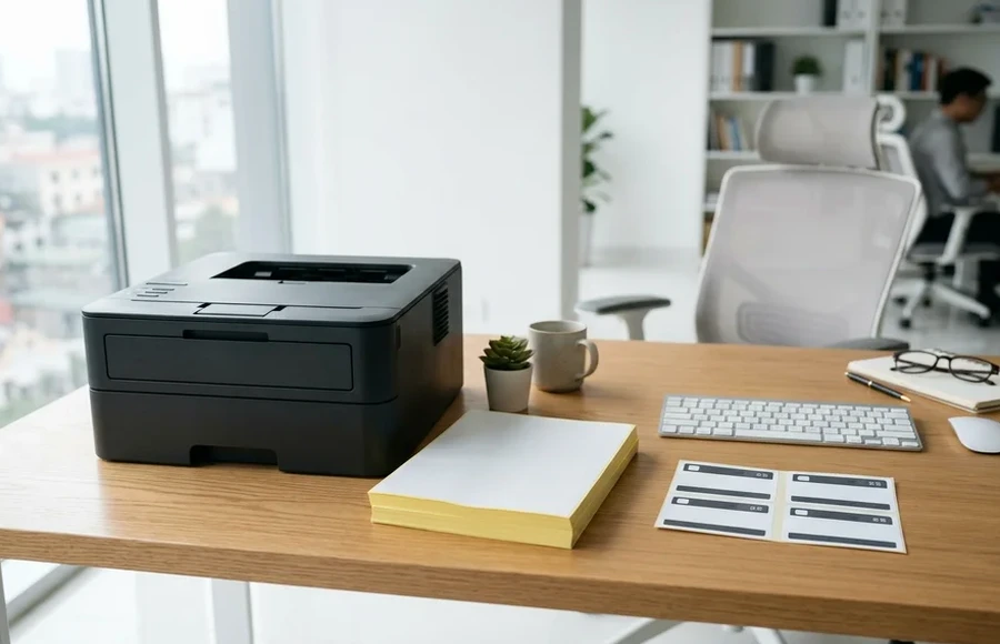 Máy in laser trên bàn làm việc cạnh xấp giấy decal và một tờ tem nhãn in mã vạch