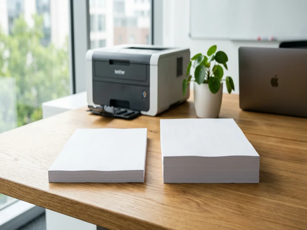 Hai xấp giấy in A4 đặt cạnh nhau trên bàn văn phòng cạnh máy in laser