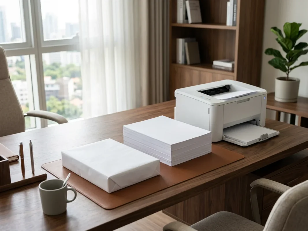 Ram giấy A4 bọc giấy trắng và xấp giấy in đặt trên bàn làm việc cạnh máy in laser