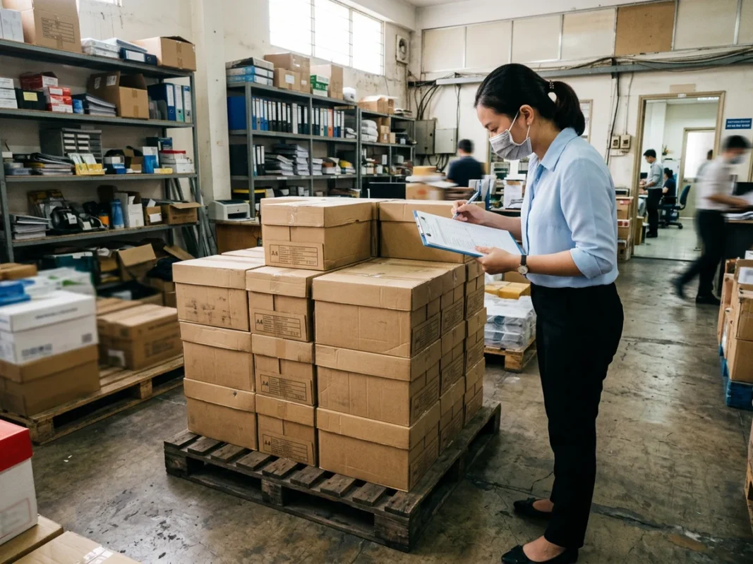 Thùng giấy in A4 xếp trên pallet trong kho văn phòng, nhân viên kiểm hàng theo danh sách