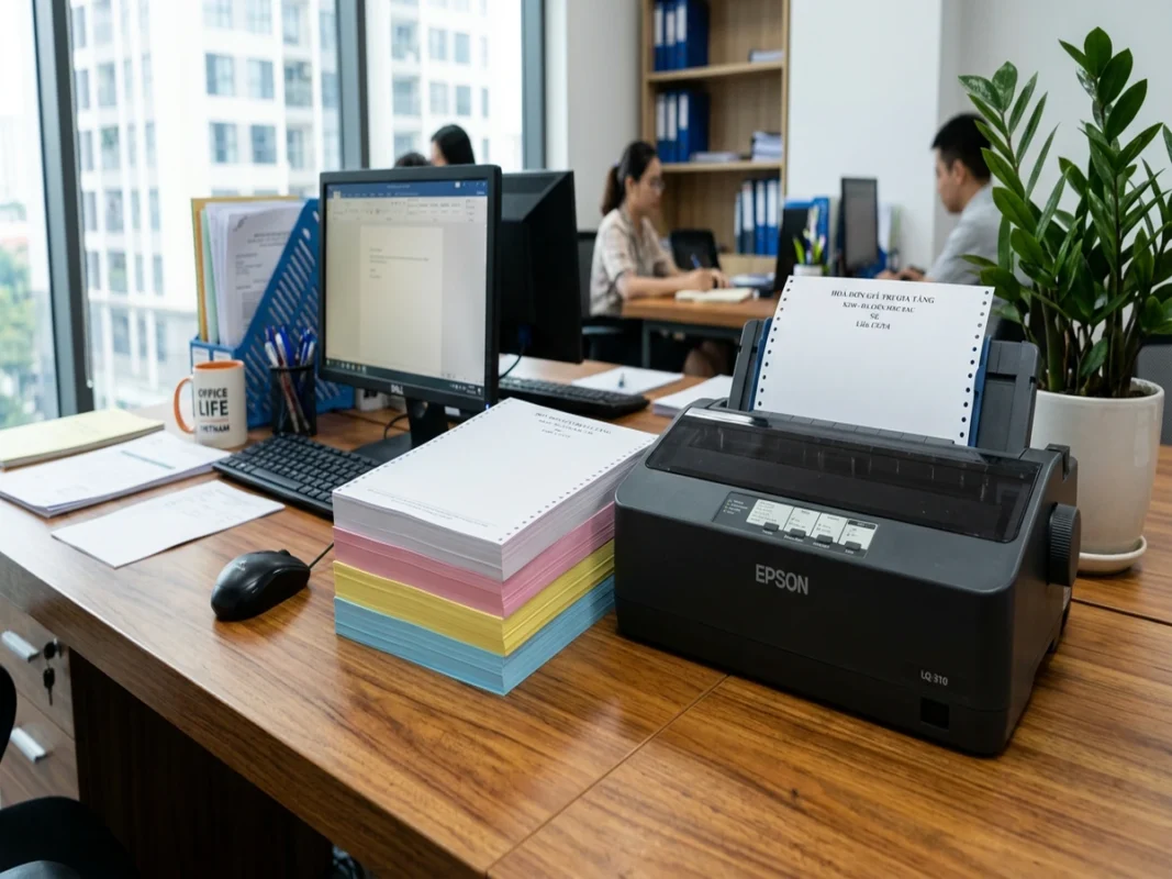 Xấp giấy in liên tục K210 nhiều liên màu trắng hồng vàng xanh đặt cạnh máy in kim văn phòng