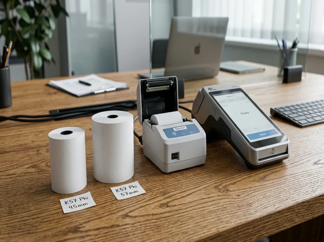 Cuộn giấy in nhiệt K57 phi 45 và phi 57 đặt cạnh máy in hóa đơn để bàn và máy quẹt thẻ POS trên quầy thanh toán