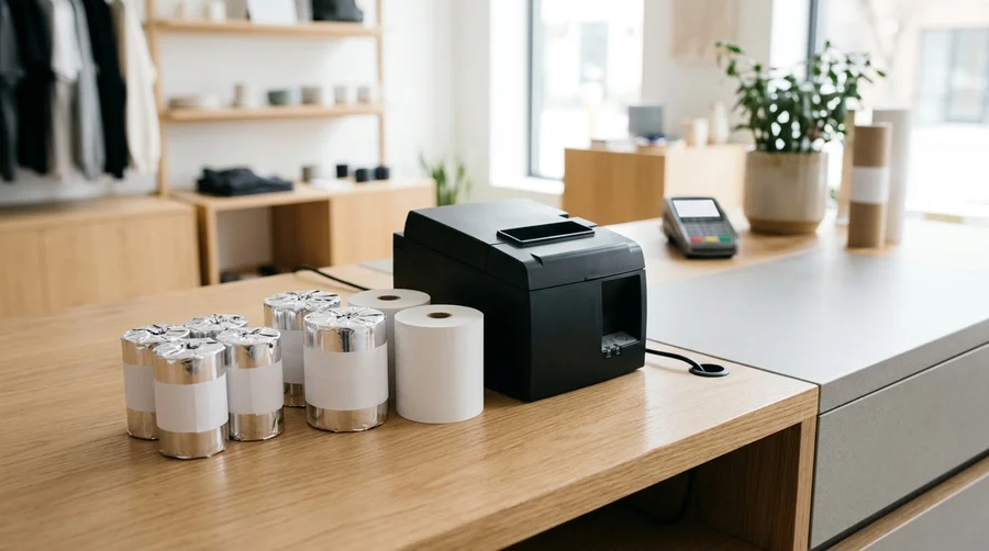 Các cuộn giấy in bill nhiệt bọc màng bạc xếp cạnh máy in nhiệt POS trên quầy thanh toán