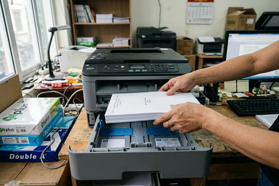 Nạp xấp giấy photocopy A4 vào khay máy in laser