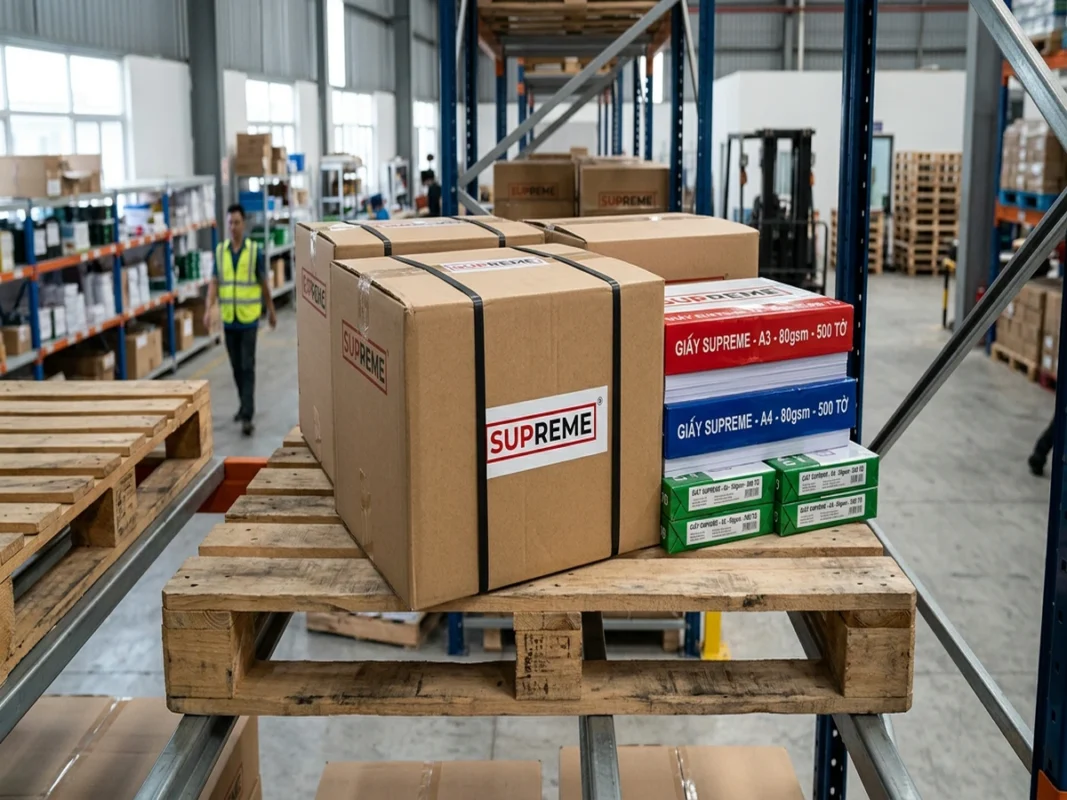 Thùng carton và các ram giấy in Supreme A3, A4, A5 trên pallet kho văn phòng phẩm
