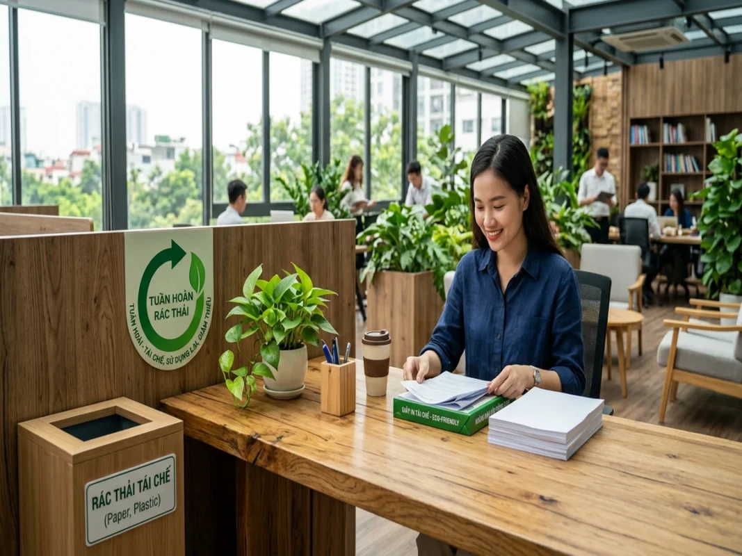 Ram giấy in tái chế Kraft màu nâu nhạt và logo môi trường xanh