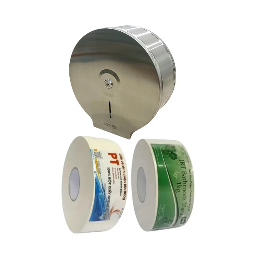 Hộp đựng giấy vệ sinh cuộn lớn bằng inox cùng hai cuộn giấy vệ sinh cuộn lớn dùng cho nhà vệ sinh công sở
