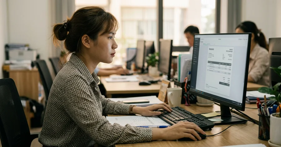 Kế toán kiểm tra hóa đơn giá trị gia tăng điện tử của đơn hàng văn phòng phẩm trên máy tính