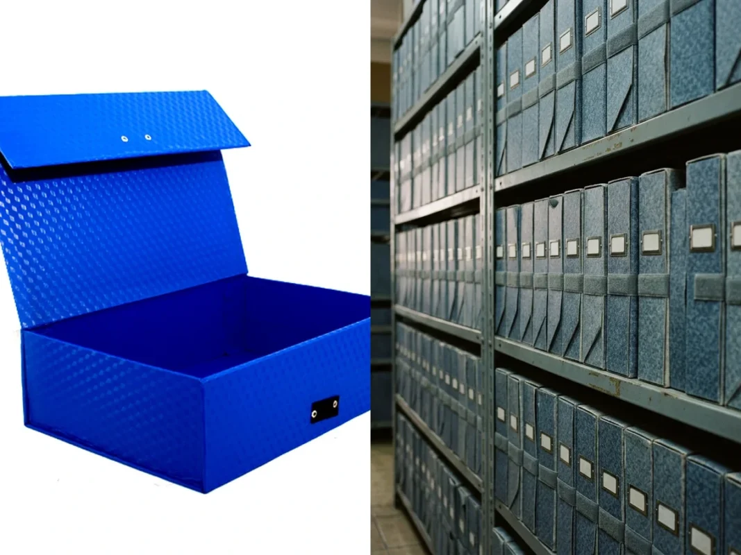Các loại hộp đựng hồ sơ A4 khổ F4 gồm bìa hộp si và bìa hộp giấy xếp gọn gàng cho kho lưu trữ văn phòng