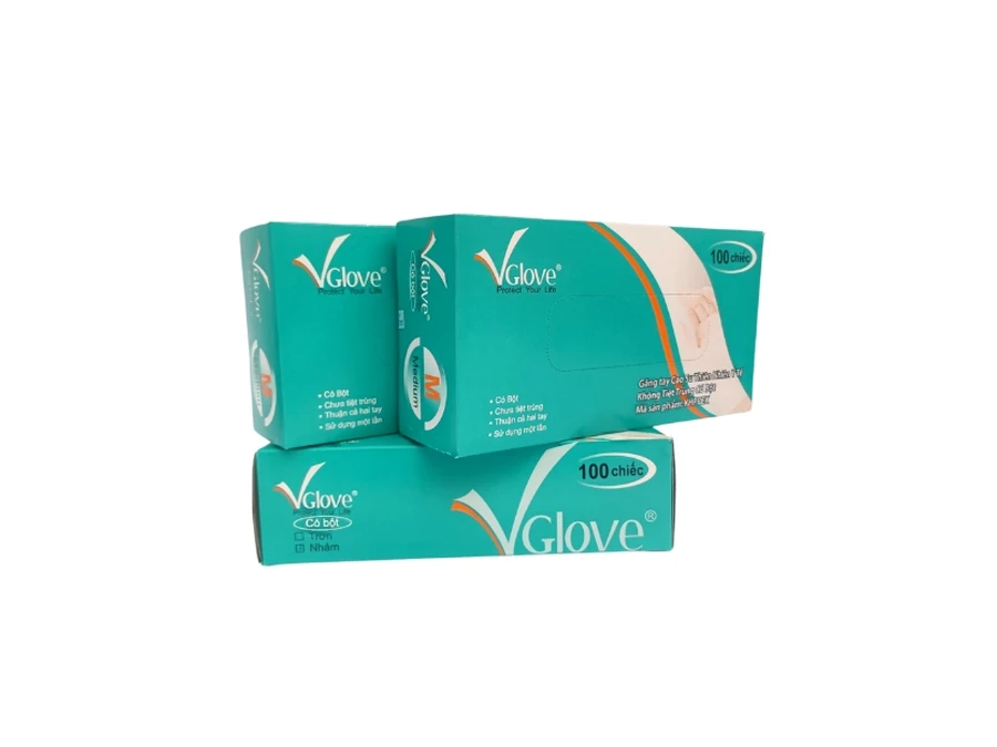 Hộp găng tay y tế Vglove có bột chính hãng màu xanh ngọc đóng hộp 100 chiếc