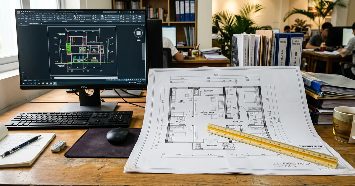 Bản vẽ kỹ thuật in A4 cạnh màn hình máy tính và thước tỷ lệ
