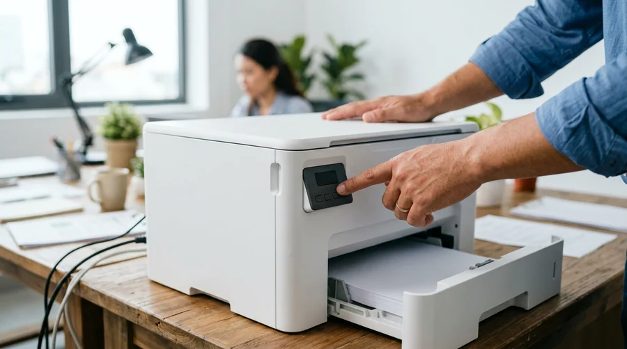 Kỹ thuật viên văn phòng kiểm tra và thao tác nút bấm reset máy in laser sau khi xử lý sự cố kẹt giấy