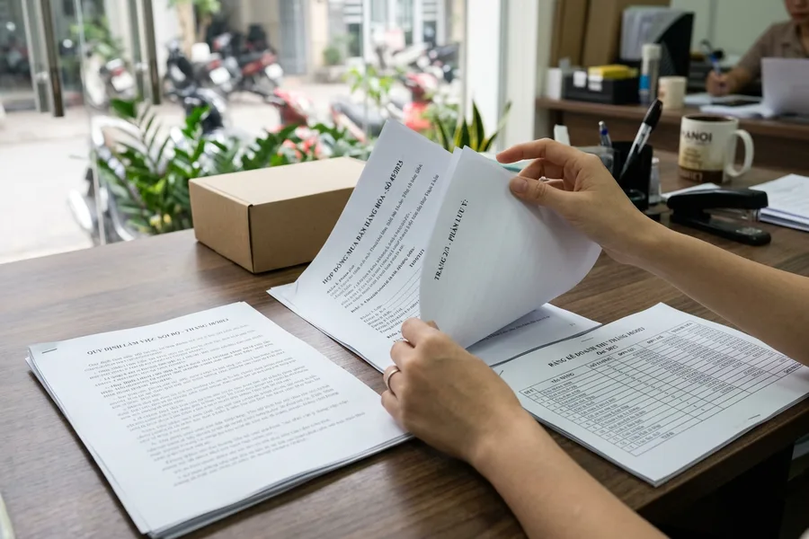 Tay lật tờ tài liệu in hai mặt, cạnh tập văn bản dọc bấm cạnh trái và tập văn bản ngang bấm mép trên
