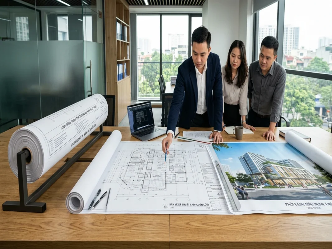 Cuộn giấy in bản vẽ kỹ thuật khổ lớn đặt cạnh bản vẽ CAD mặt bằng và bản vẽ phối cảnh màu trên bàn làm việc kiến trúc sư