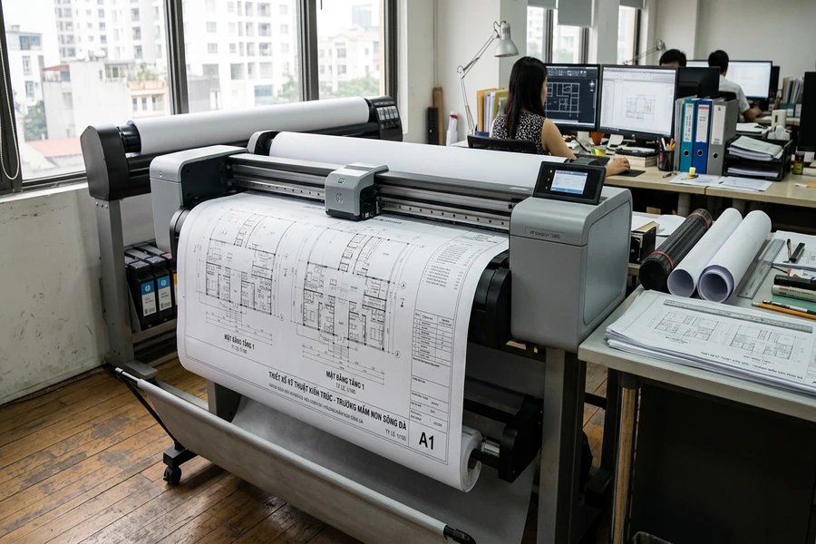 Máy in phun khổ lớn plotter đang in bản vẽ thiết kế kỹ thuật kiến trúc khổ A1
