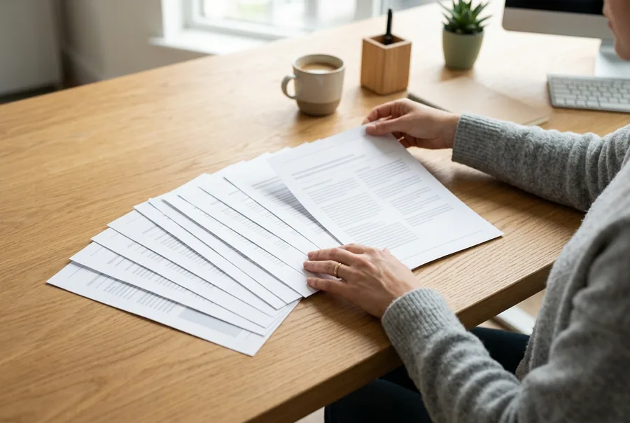 Xếp thứ tự các tờ giấy A4 đã in ra bàn trước khi gấp đôi thành cuốn booklet