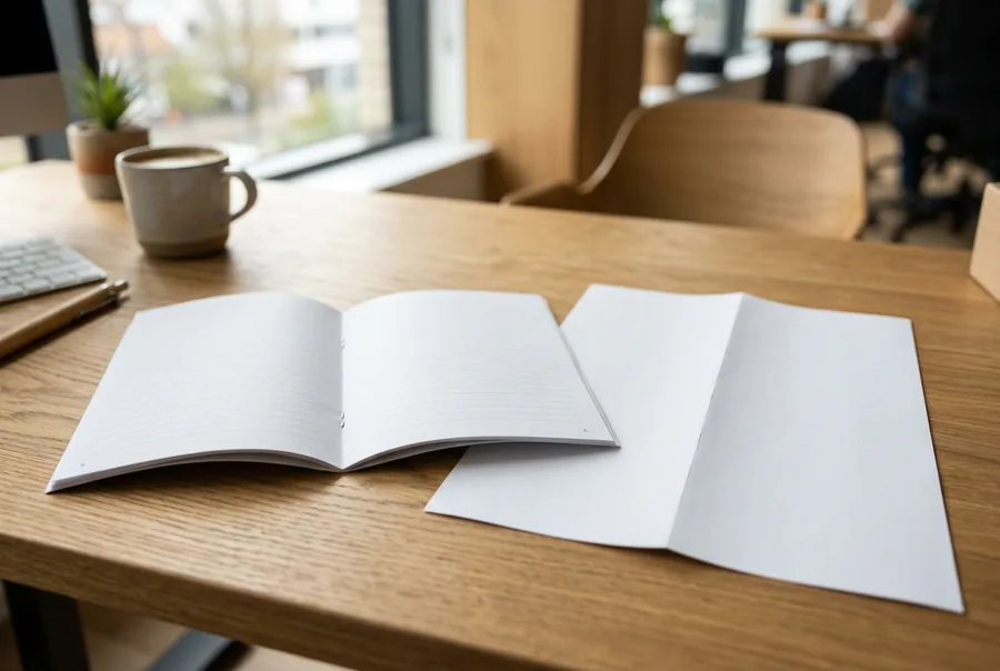 Cuốn booklet khổ A5 bấm kim gáy giữa mở sẵn, đặt cạnh tờ giấy A4 gấp đôi còn nguyên nếp