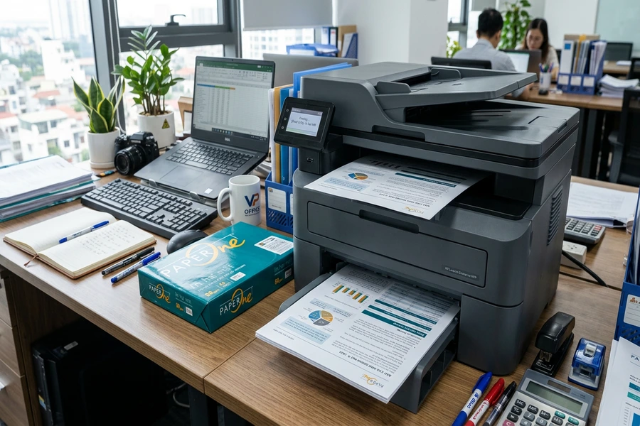 In hai mặt tài liệu văn phòng với giấy Paper One hiển thị rõ nét