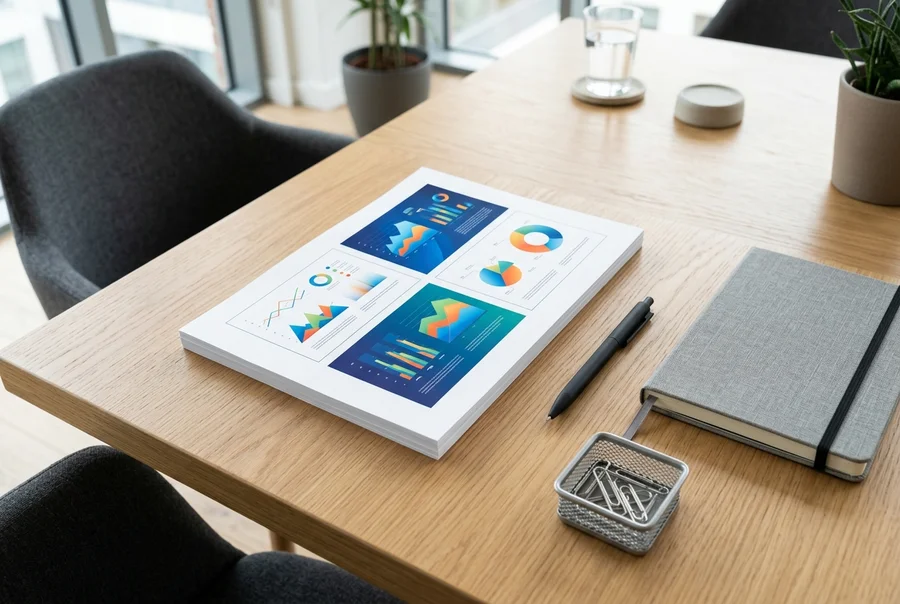 Tập tài liệu in PowerPoint dạng Handouts 4 slide xếp ngay ngắn trên bàn họp văn phòng