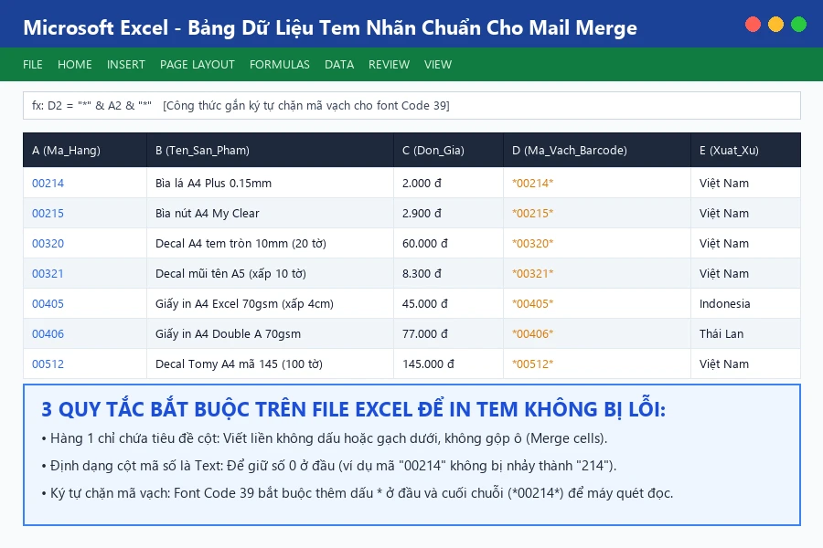 Bảng dữ liệu Excel chuẩn bị in tem nhãn với cột mã hàng định dạng text và công thức mã vạch