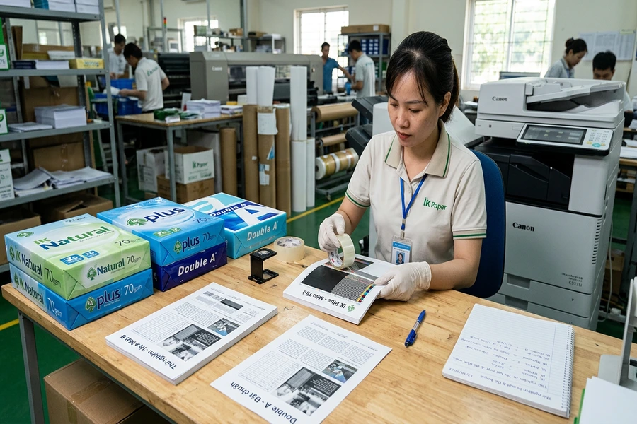 Thử nghiệm in hai mặt và kiểm tra độ bám mực trên mẫu giấy in văn phòng IK Natural, IK Plus và Double A