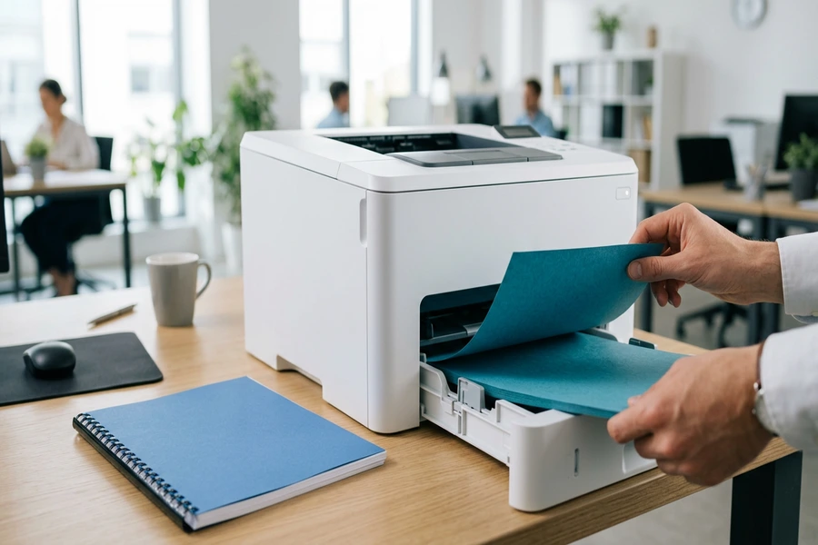 Thao tác đưa giấy bìa màu vào khay nạp tay của máy in văn phòng và tập tài liệu đã đóng gáy lò xo hoàn thiện