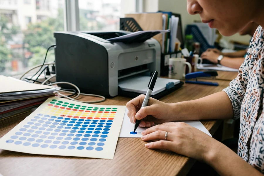So sánh viết tay bằng bút lông dầu và kỹ thuật in máy với giấy decal tem tròn bế sẵn