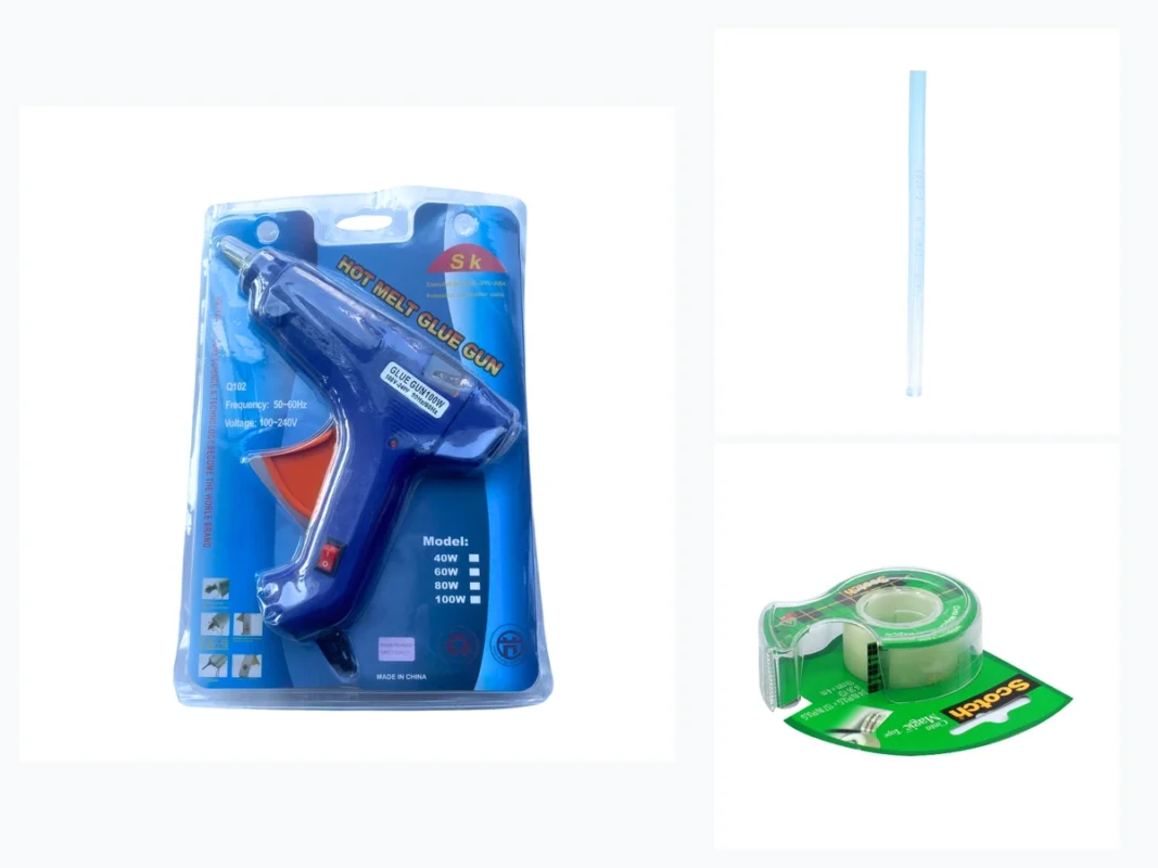 Bộ dụng cụ keo dán gồm súng bắn keo Jolly, que keo nến silicon lớn 11mm và cuộn băng keo dán tiền chuyên dụng trên bàn làm việc