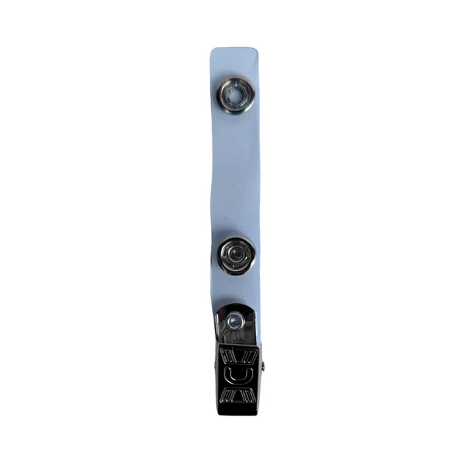 Kẹp bảng tên cá sấu inox với quai nhựa trắng trong có hai nút bấm kim loại