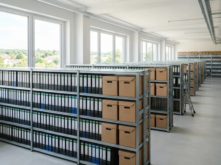 Kho lưu trữ hồ sơ với giá kệ sắt xếp bìa còng và thùng carton ngay ngắn