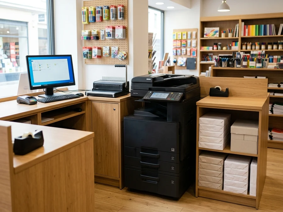 Khu vực máy in và photocopy đa năng kết hợp đóng sổ bìa trong tiệm văn phòng phẩm nhỏ